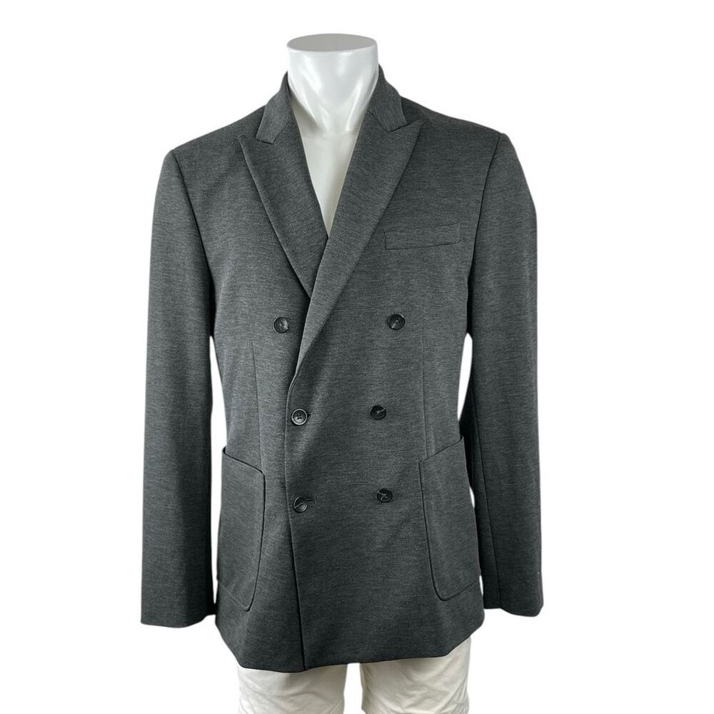 MNG Mango Men's Black Slim Fit Peak Lapel Double Breasted Coat Jacket Size 42